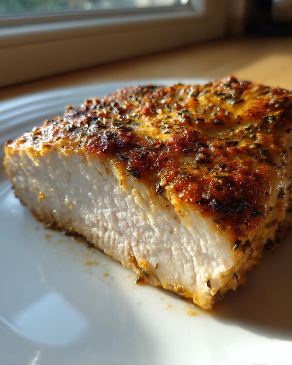 Close-up of a perfectly cooked baked chicken breast slice showing juicy white meat and a seasoned, golden-brown crust.