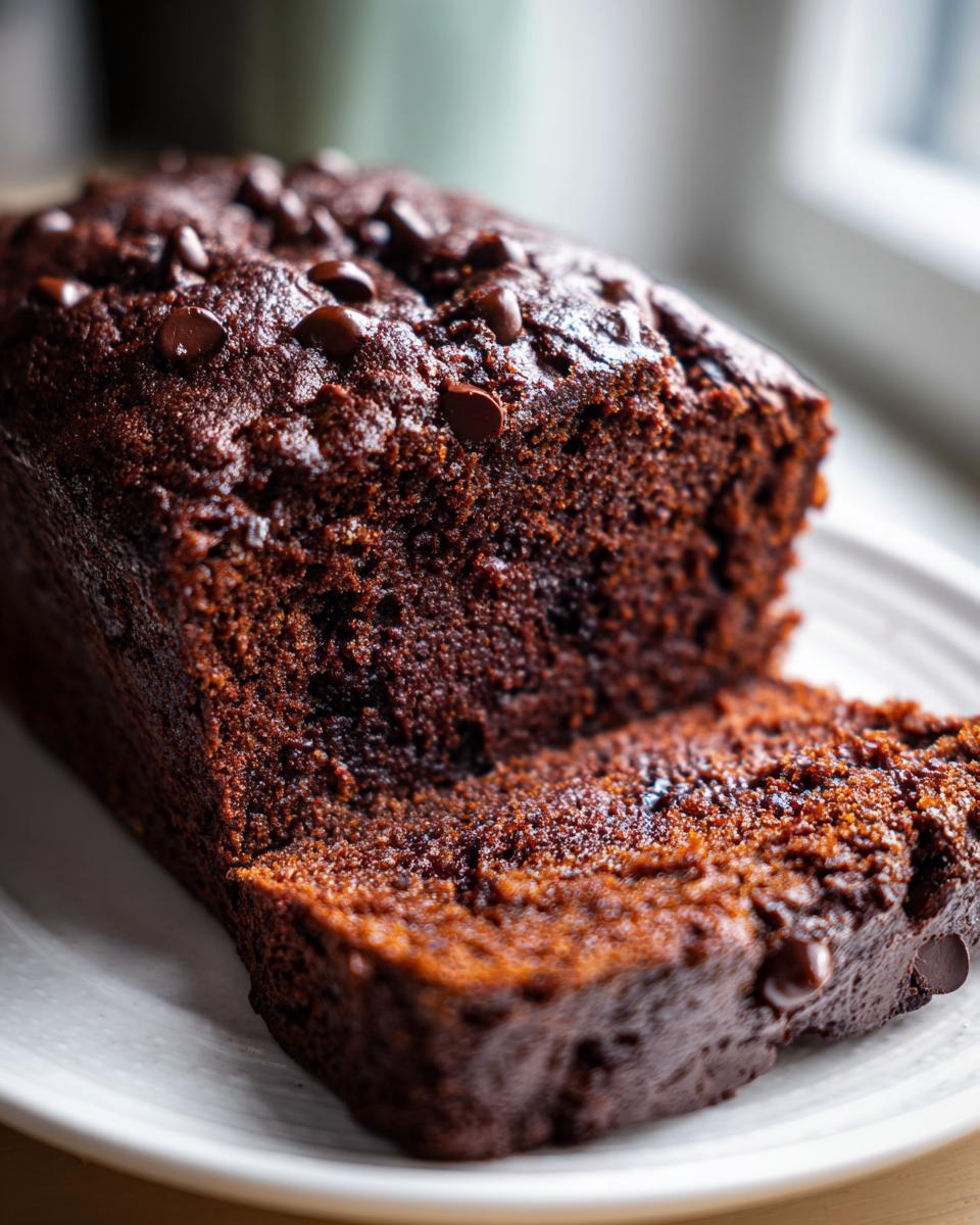 Close-up of a moist, dark chocolate banana bread loaf with chocolate chips sprinkled on top, one slice cut.