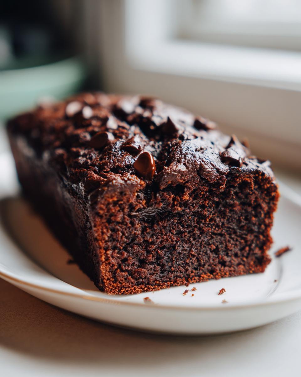 A close-up of a rich, dark chocolate banana bread loaf topped with melted chocolate chips on a white plate.