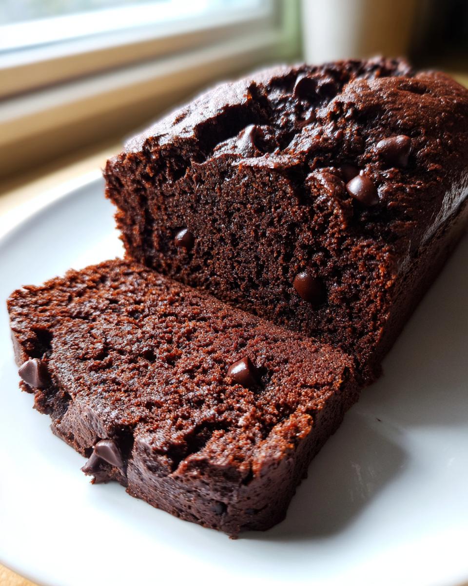 A close-up of rich, dark chocolate banana bread, sliced to show the moist texture and embedded chocolate chips.