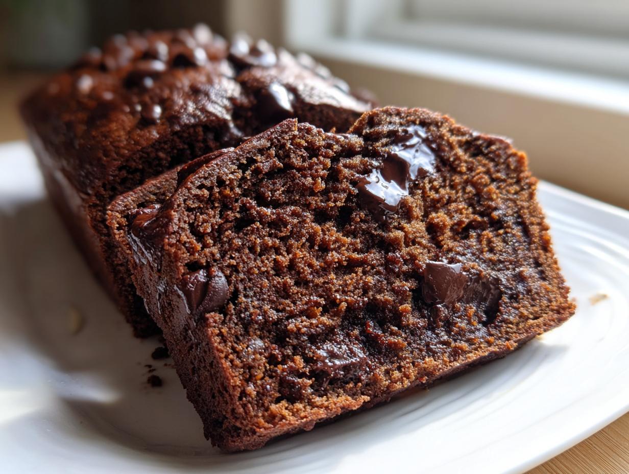 Close-up of a sliced, rich chocolate banana bread loaf studded with melted chocolate chips.