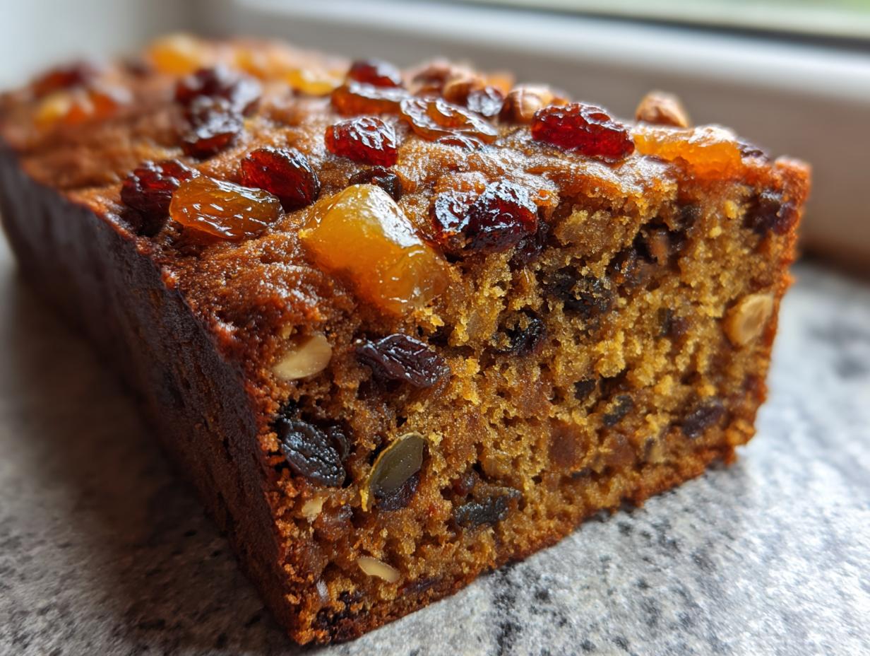 Close-up cross-section of a rich, moist fruit cake recipe loaf, topped with glazed raisins and candied fruit.