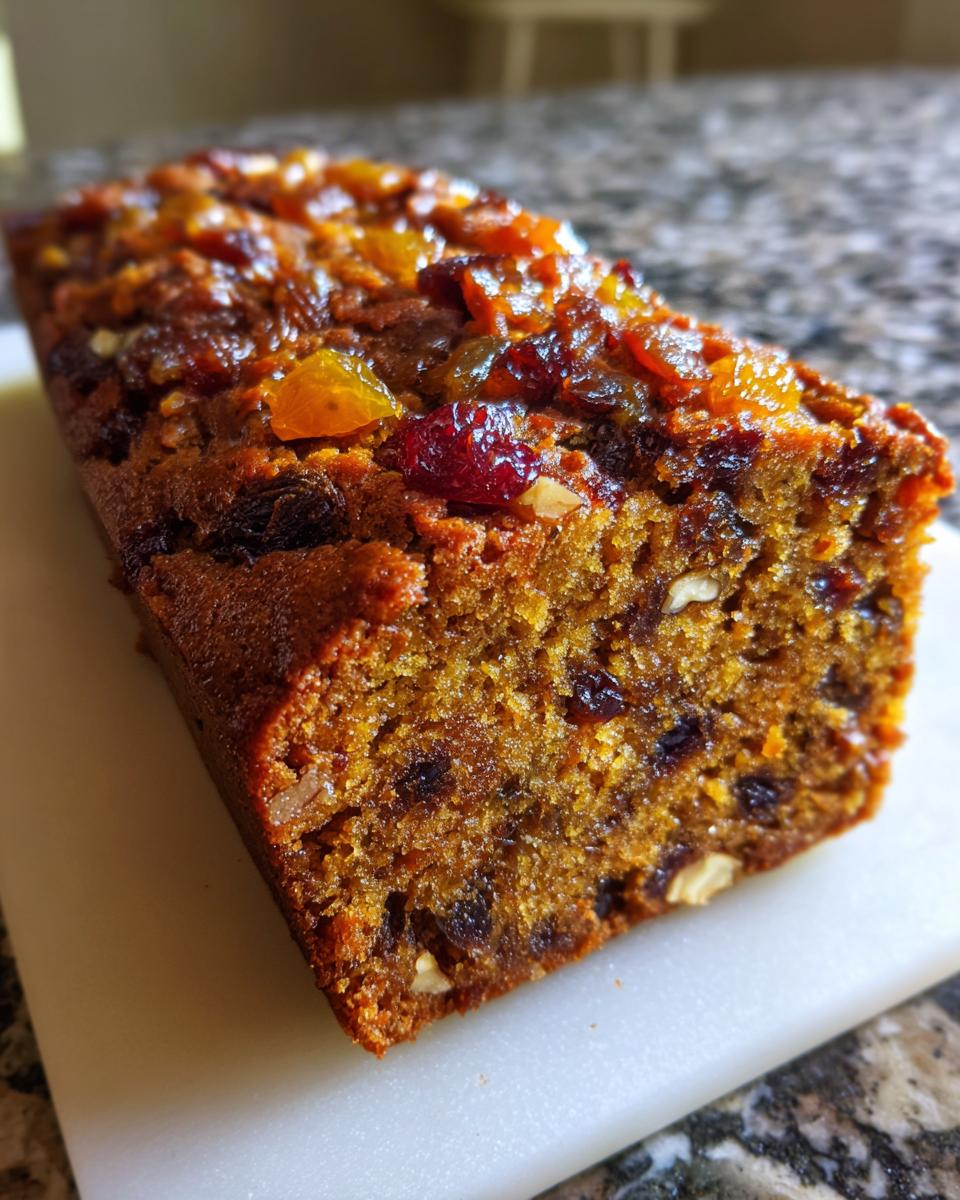 A close-up, cross-section view of a rich, dark fruit cake recipe loaf, studded with dried fruits and nuts.