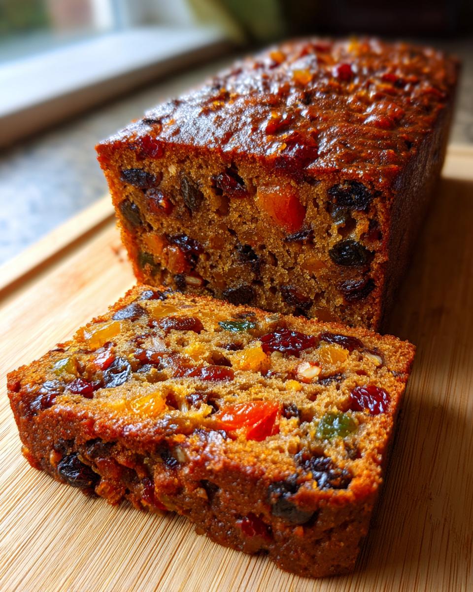 Close-up of a slice cut from a rich, dark fruit cake recipe, showing candied fruits and raisins.