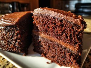 Close-up of a moist slice of homemade chocolate cake showing rich dark layers and chocolate frosting.