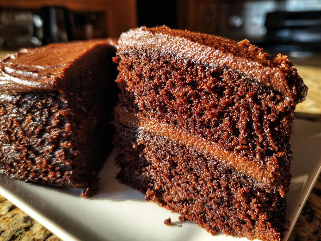 Close-up of a moist slice of homemade chocolate cake showing rich dark layers and chocolate frosting.