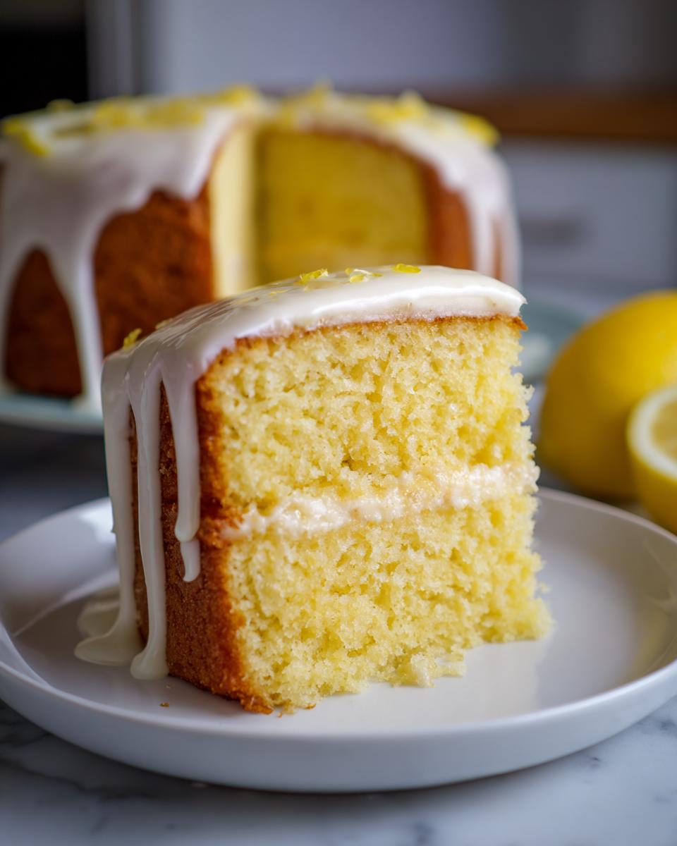 A close-up of a moist slice from a lemon cake recipe, topped with white glaze and zest, with the rest of the cake in the background.