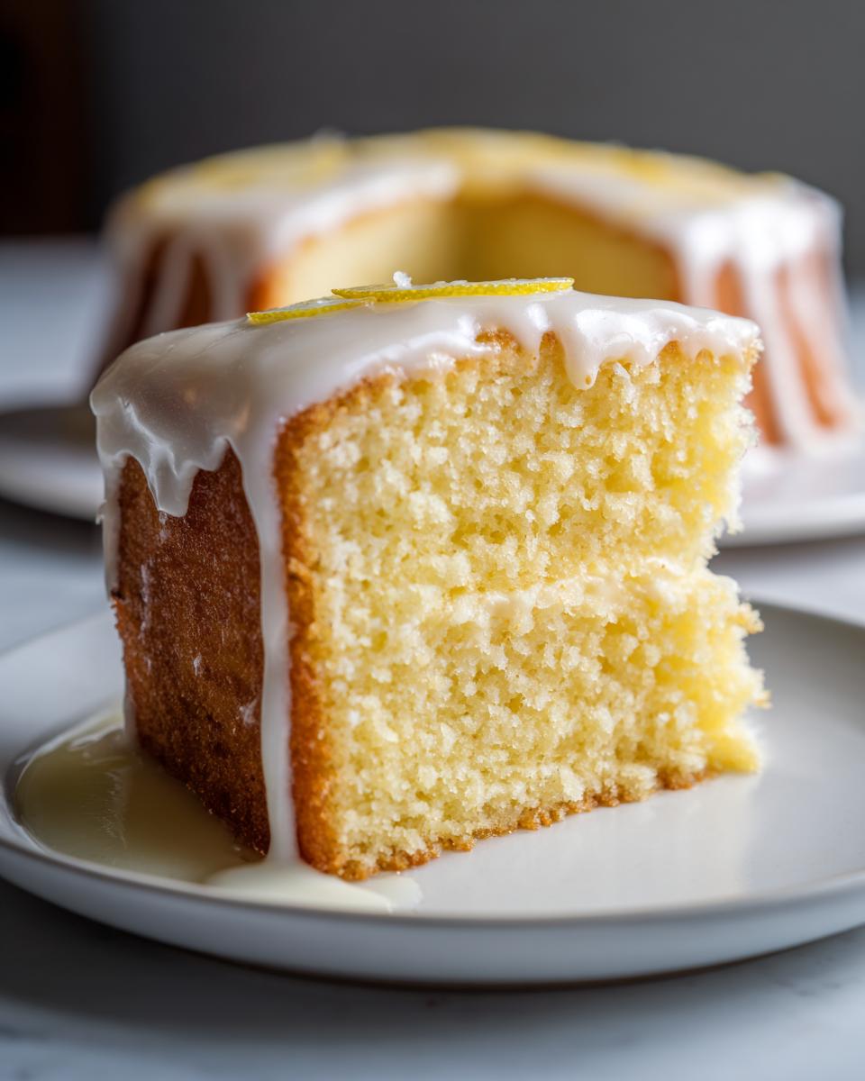 Close-up of a moist slice of lemon cake recipe topped with white glaze and lemon zest.