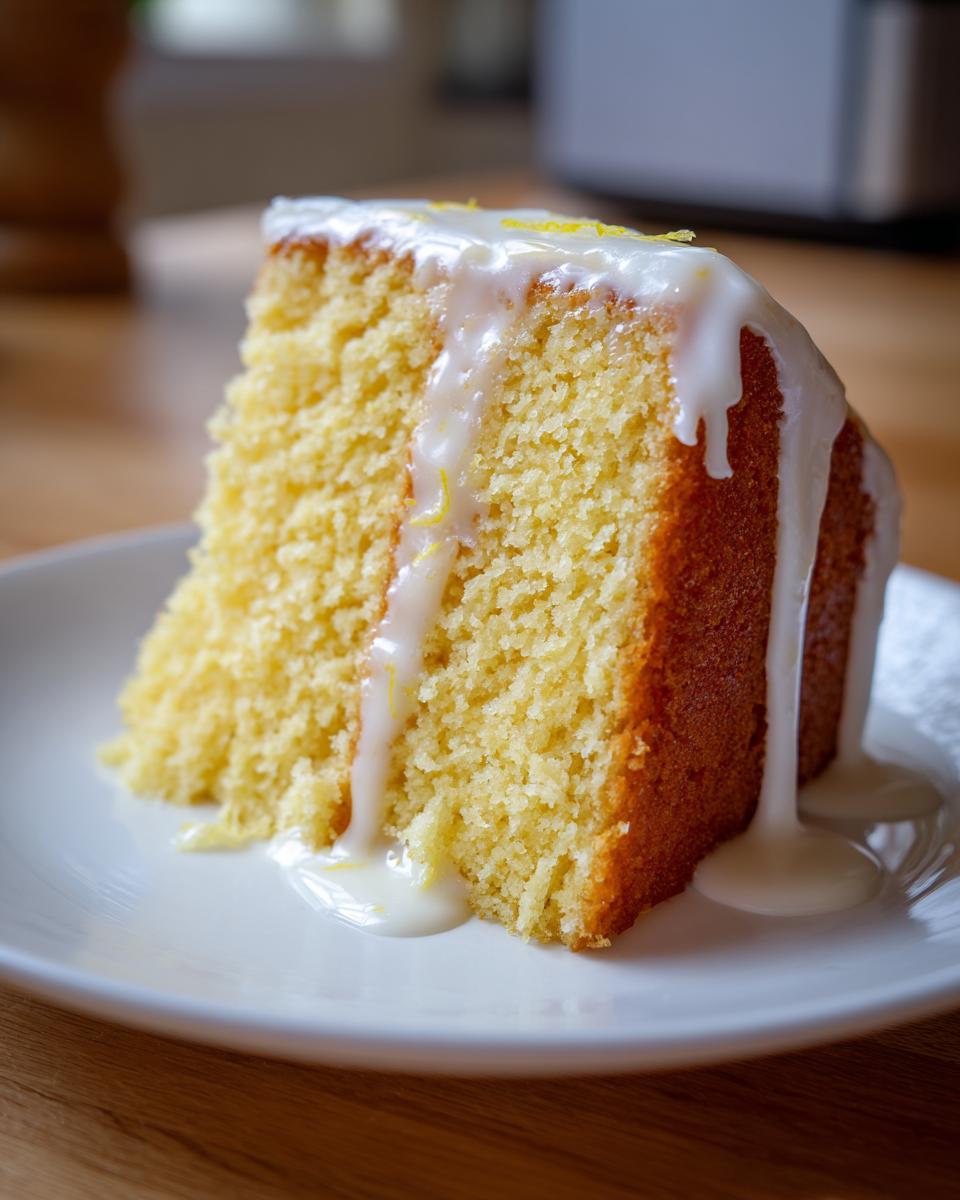 A close-up of a moist slice of yellow lemon cake recipe topped with thick white lemon glaze.