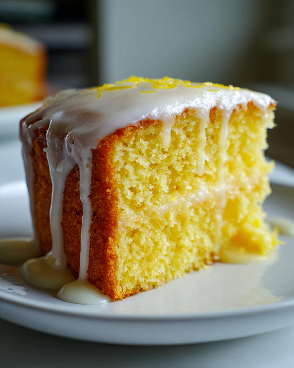 Close-up of a moist slice of lemon cake recipe covered in thick white glaze and lemon zest.