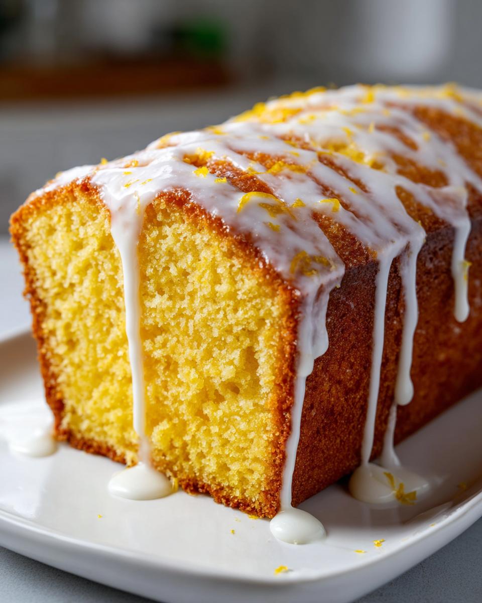 Close-up of a moist lemon pound cake loaf topped with thick white icing drizzle and lemon zest.
