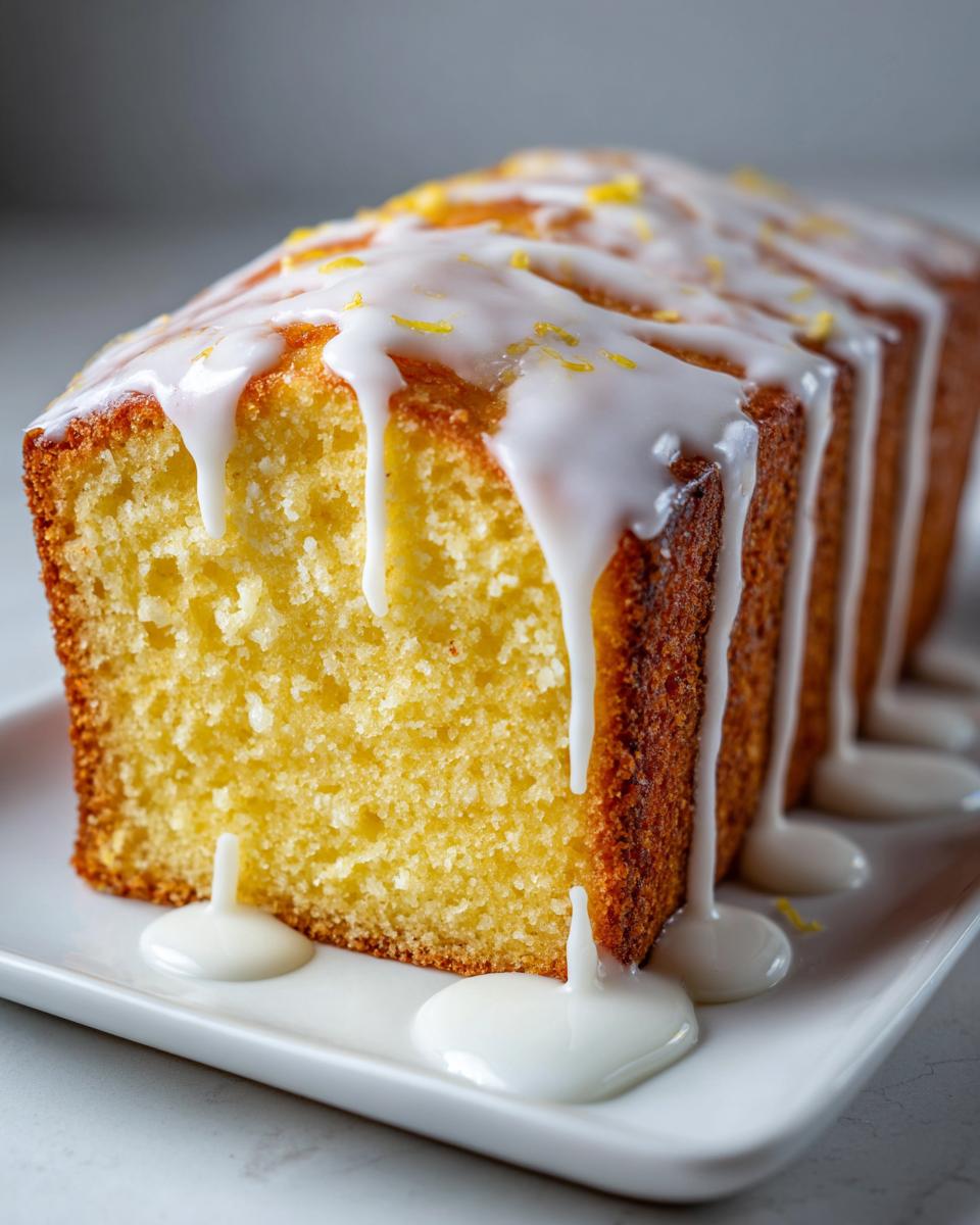 Close-up of a slice of moist lemon pound cake topped with thick white glaze and lemon zest.