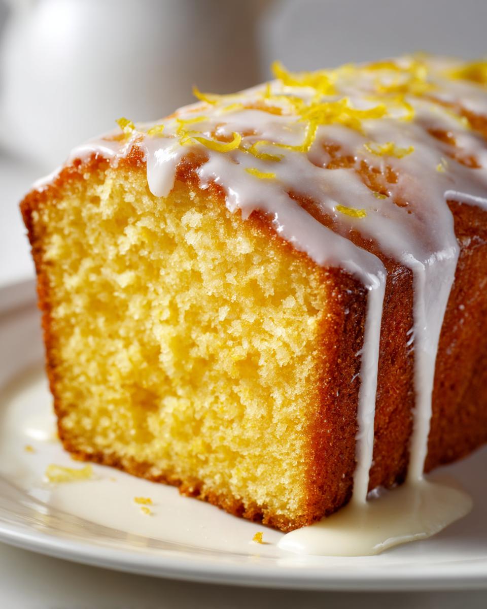 Close-up of a moist slice of lemon pound cake topped with white glaze and lemon zest.