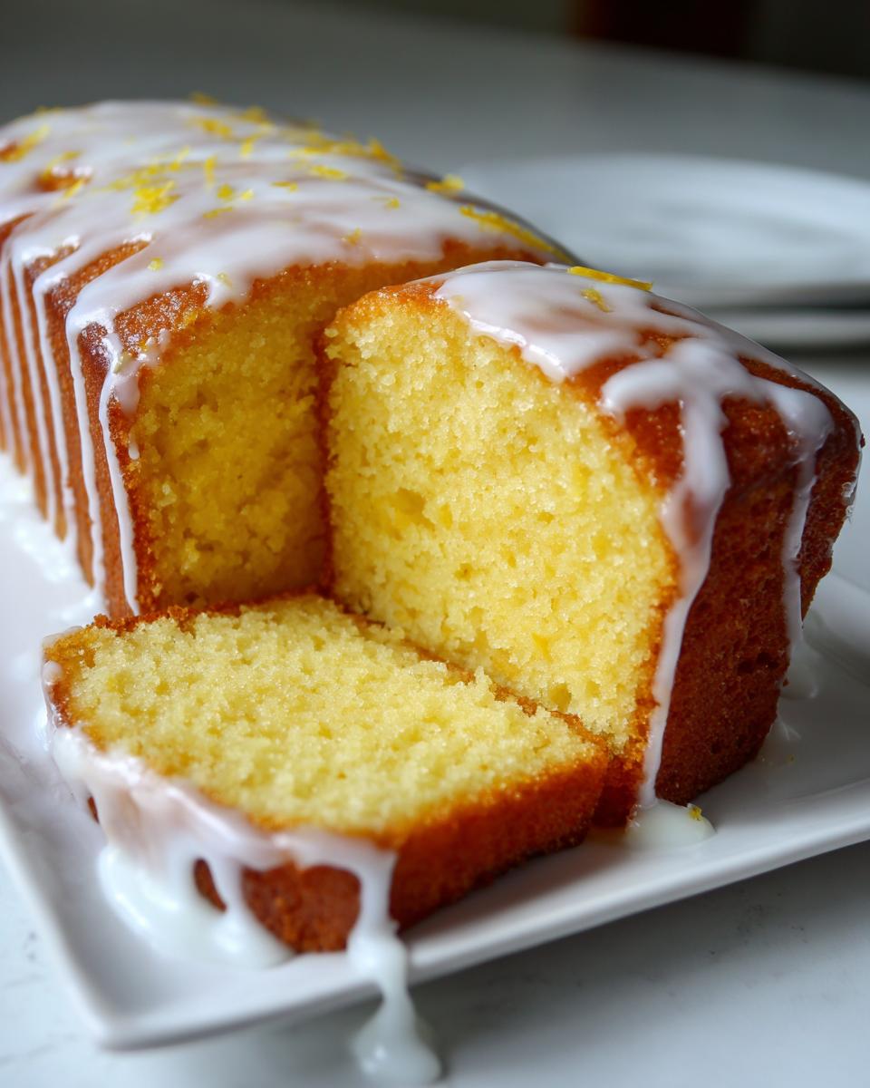A moist lemon pound cake with a thick white glaze drizzled over the top, showing one slice cut.