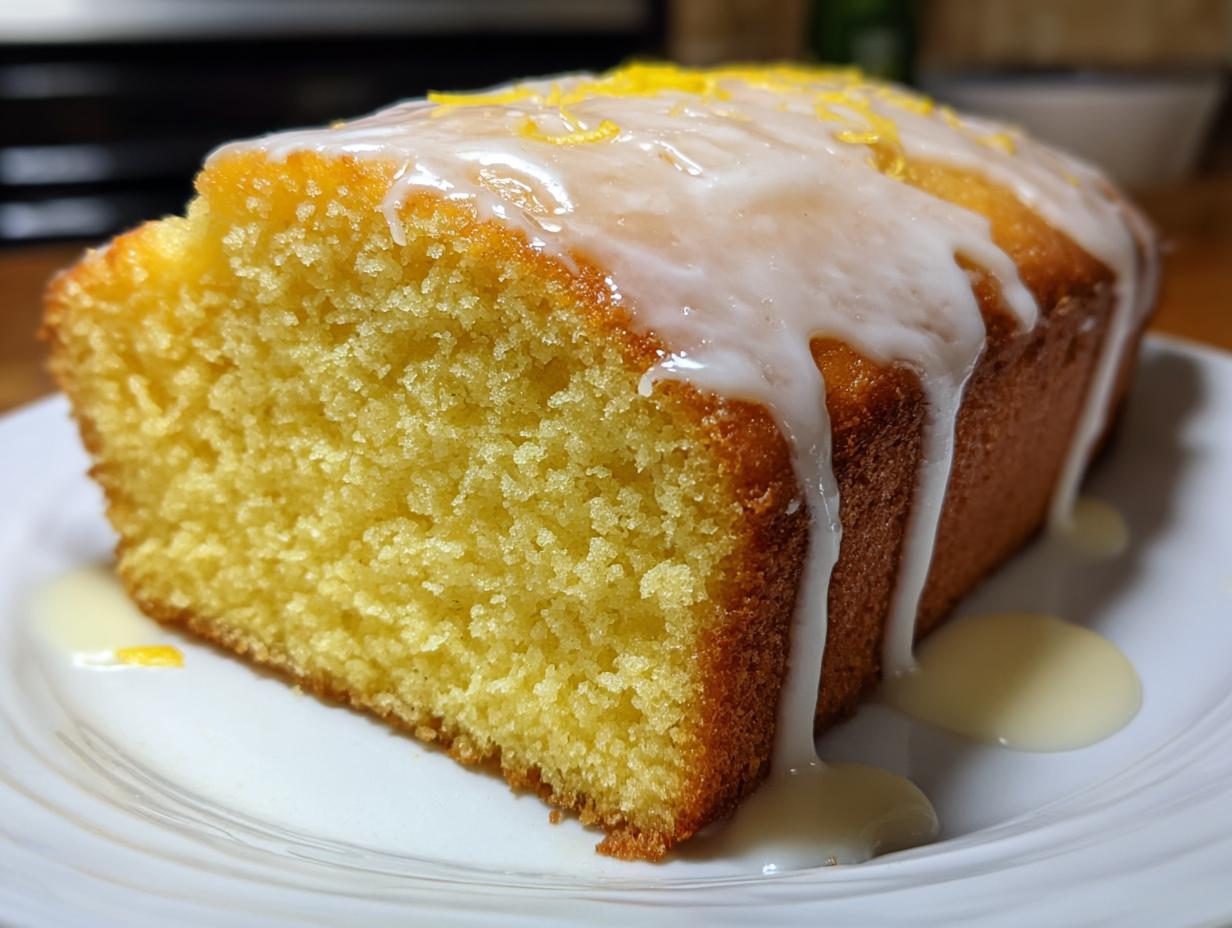 Close-up of a moist slice of lemon pound cake topped with thick white glaze and lemon zest.