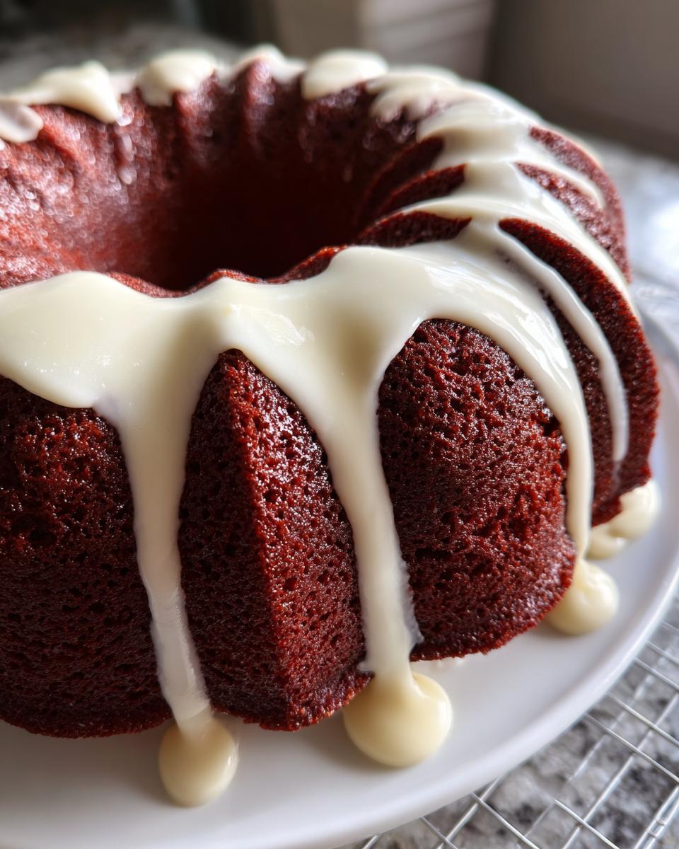 Close-up of a rich, dark red velvet bundt cake topped with thick white cream cheese icing dripping down the sides.