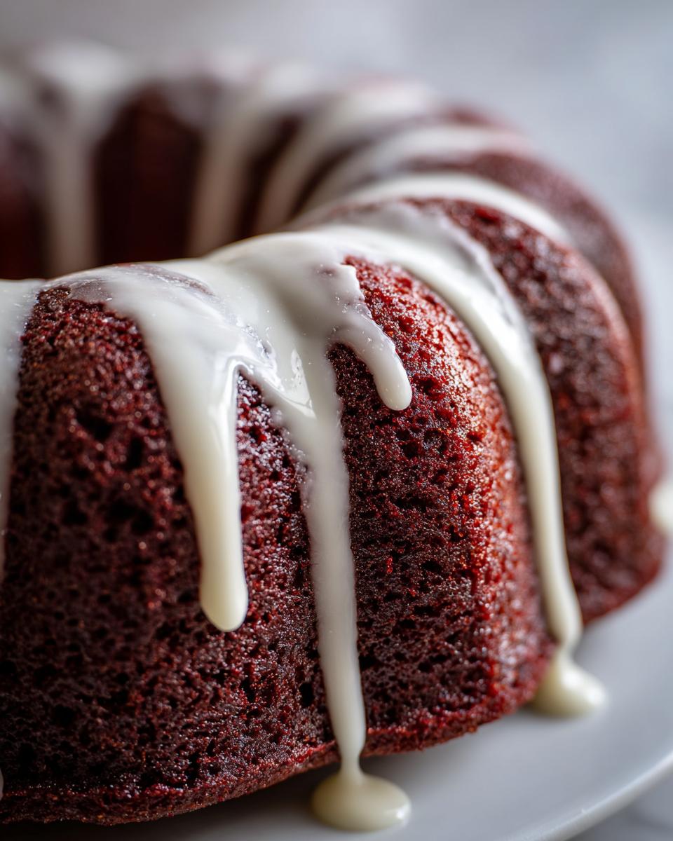 Close-up of a rich, dark red velvet bundt cake drizzled generously with white cream cheese glaze.
