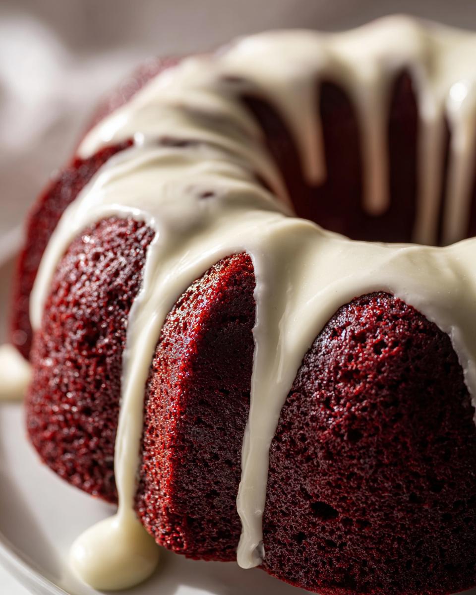 Close-up, detailed shot of a vibrant red velvet bundt cake generously drizzled with thick white cream cheese glaze.