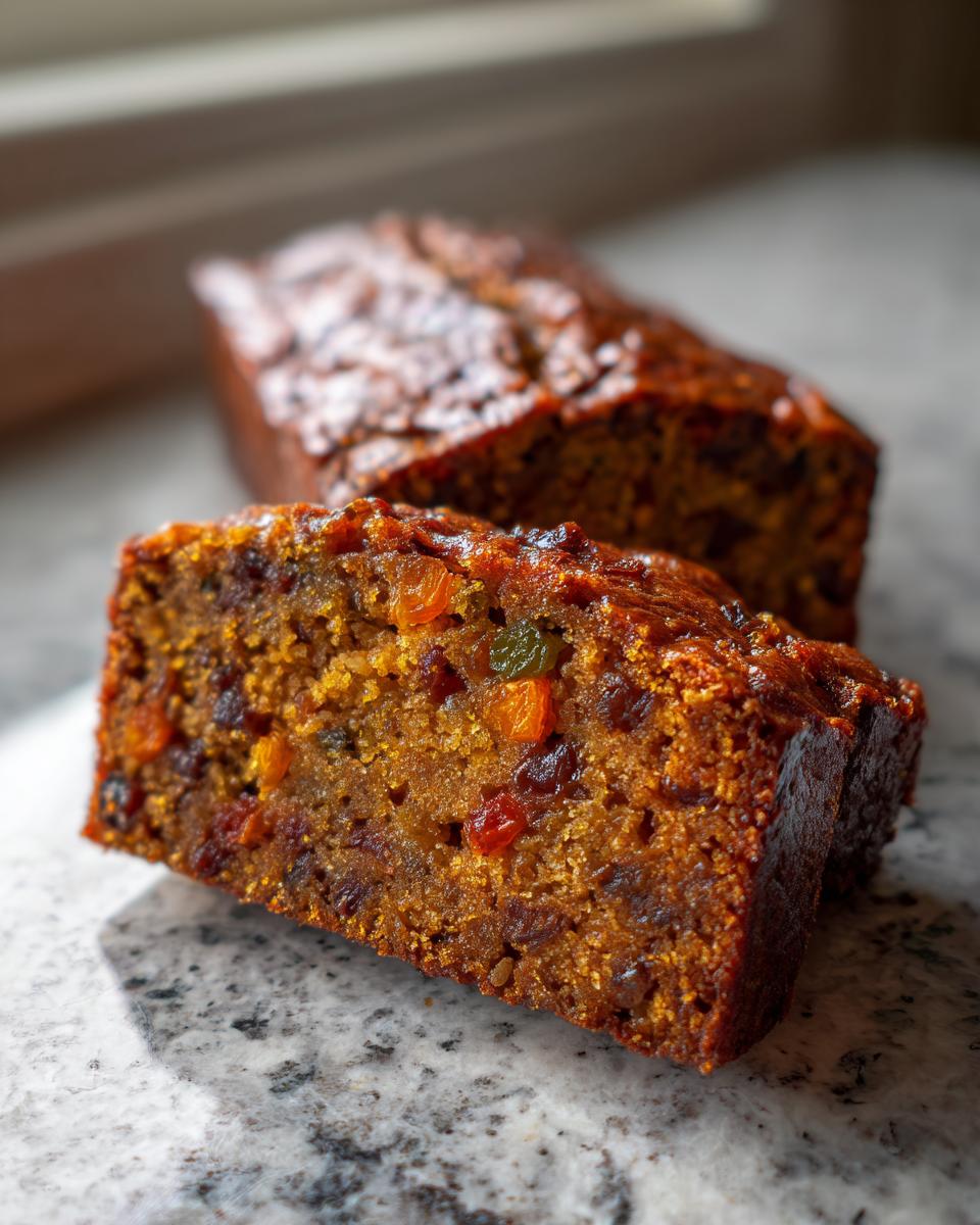 Close-up of a moist slice of fruit cake recipe showing candied fruit pieces inside.