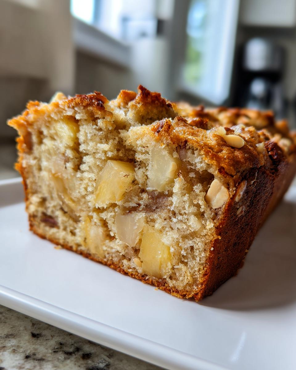 Close-up of a slice of moist hawaiian banana bread showing large chunks of fruit and nuts baked inside.