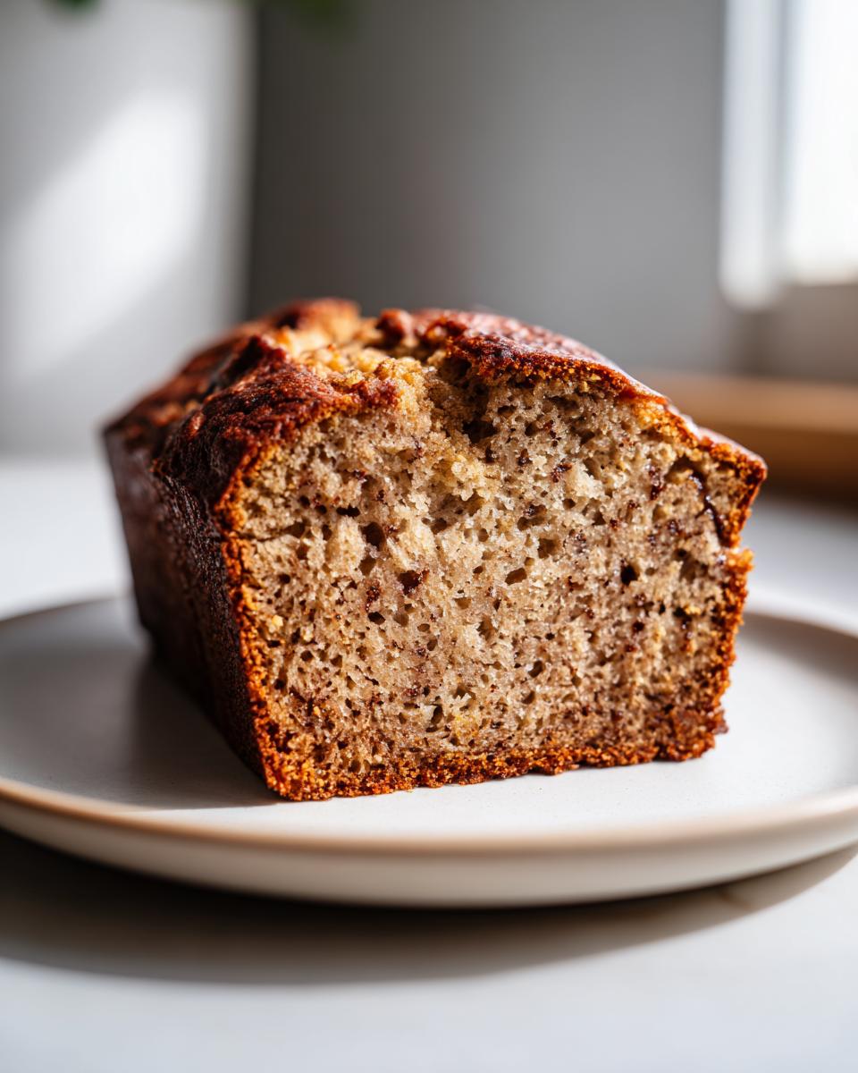 Close-up of a thick slice of moist vegan banana bread showing its tender crumb structure.