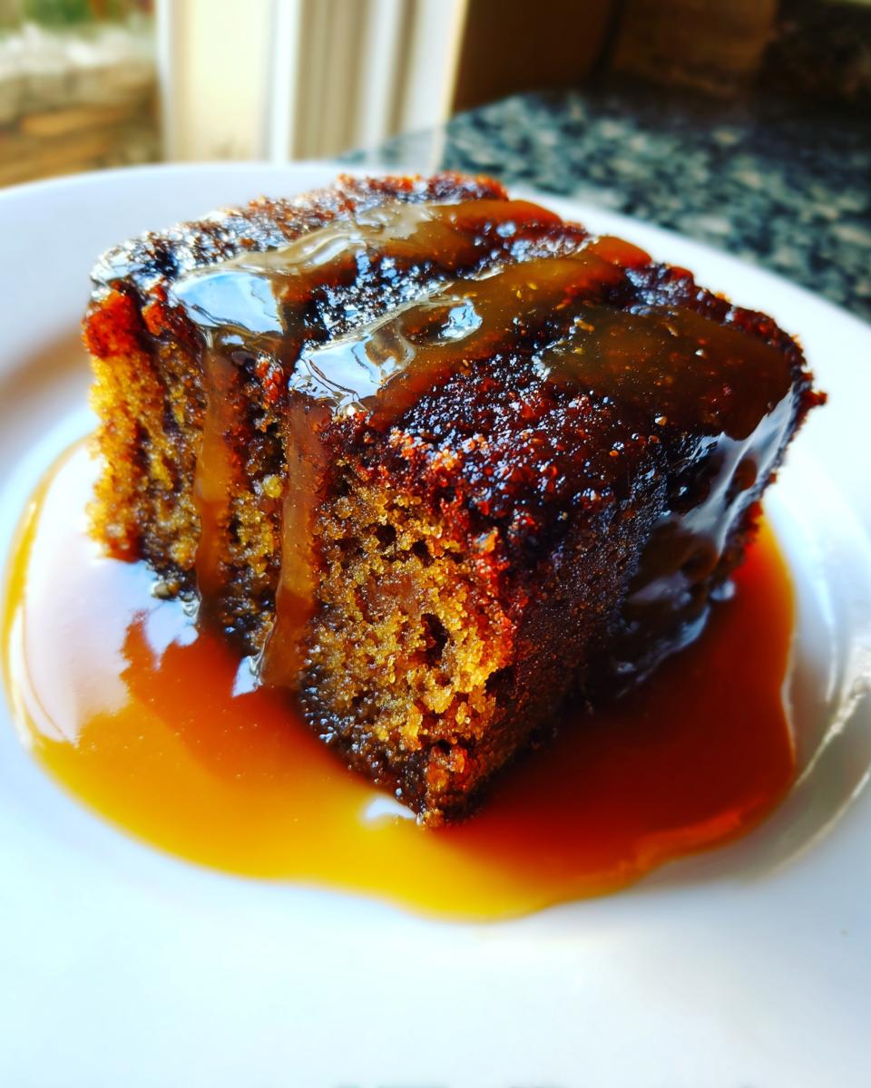 Close-up of a square of moist sticky toffee pudding recipe cake generously covered in rich, glossy toffee sauce.