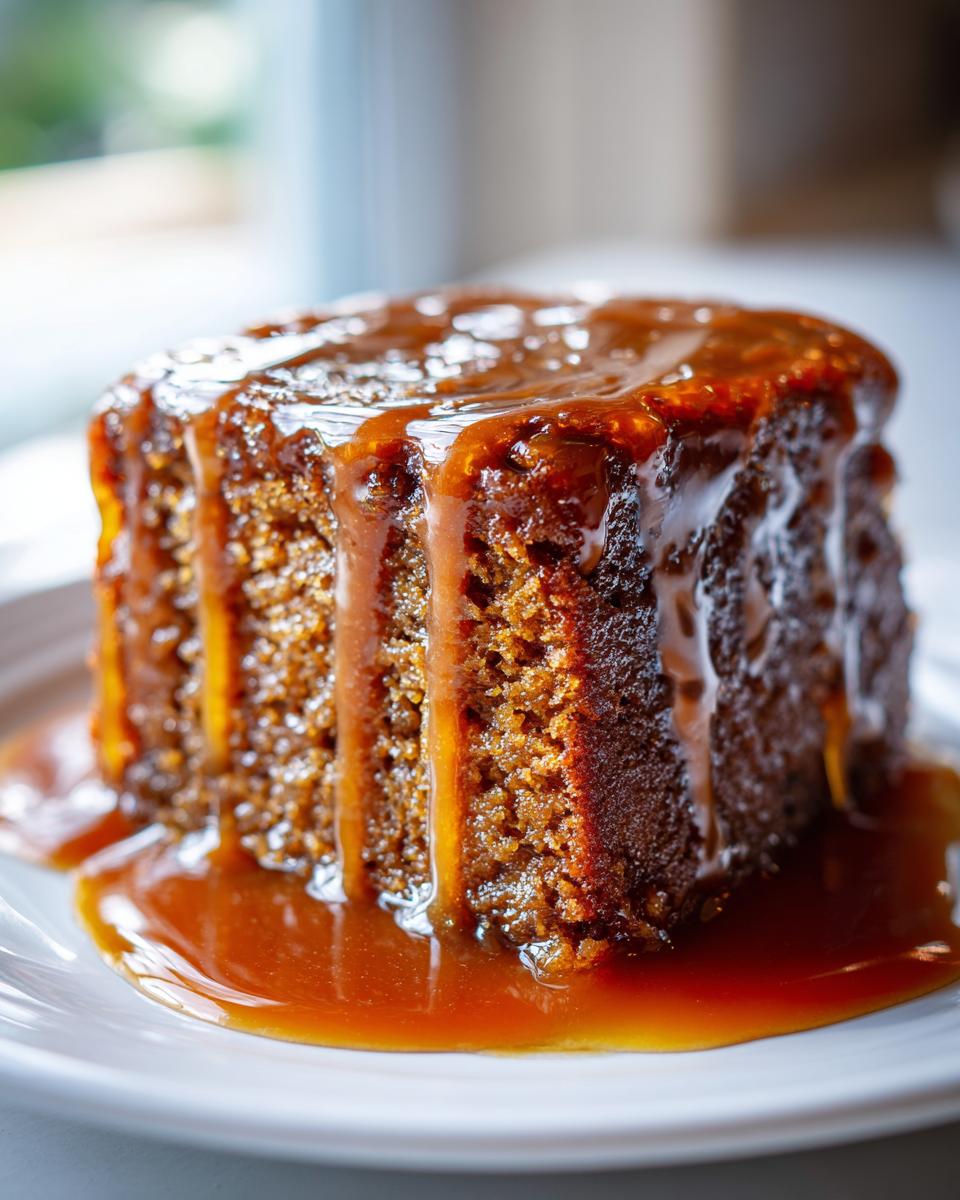 Close-up of a moist square of sticky toffee pudding generously covered in rich toffee sauce.
