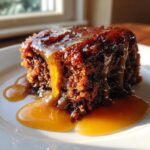 Close-up of a moist, dark cake bite smothered in rich toffee sauce, perfect for a sticky toffee pudding recipe.