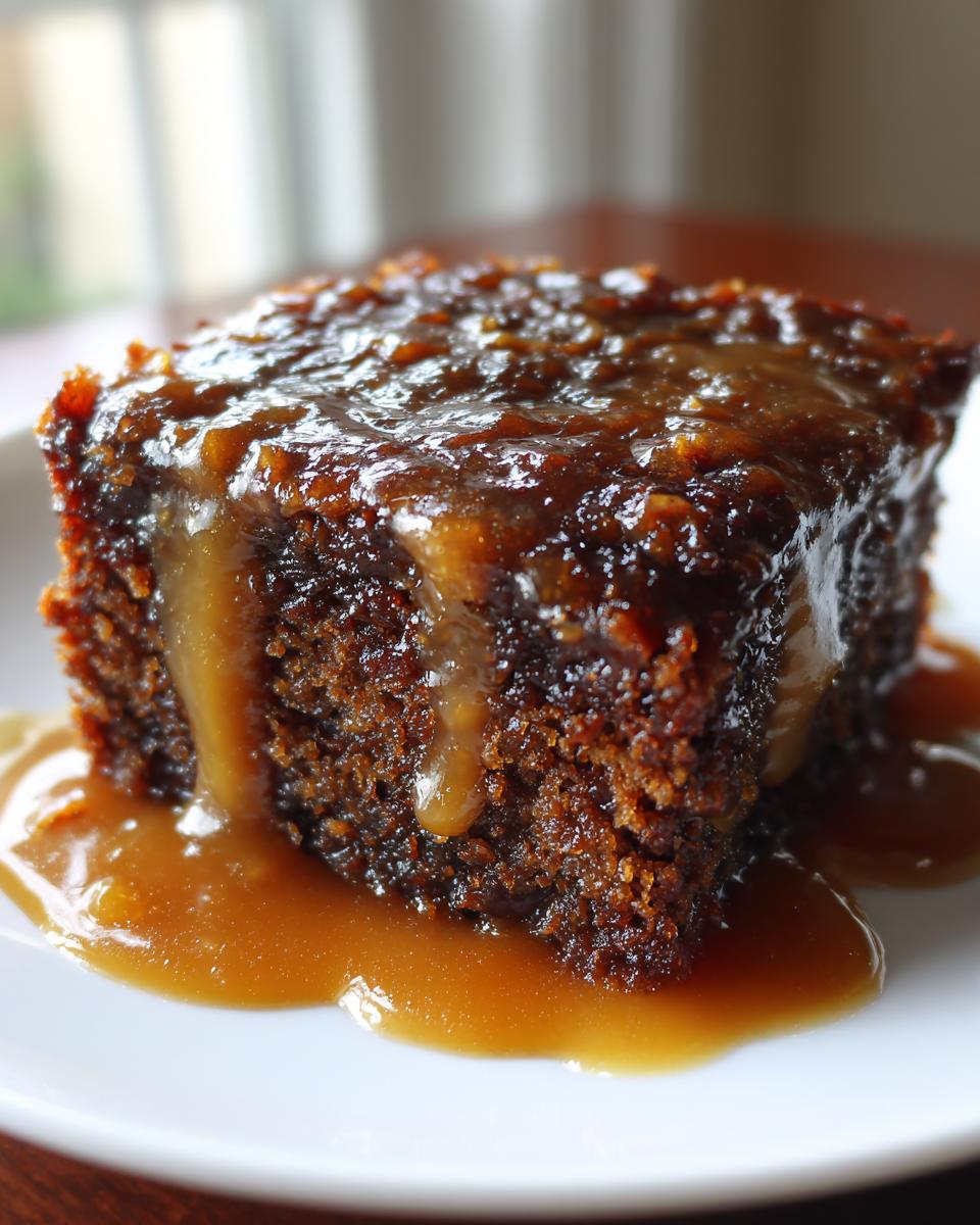 Close-up of a moist square slice of sticky toffee pudding recipe covered in rich toffee sauce.