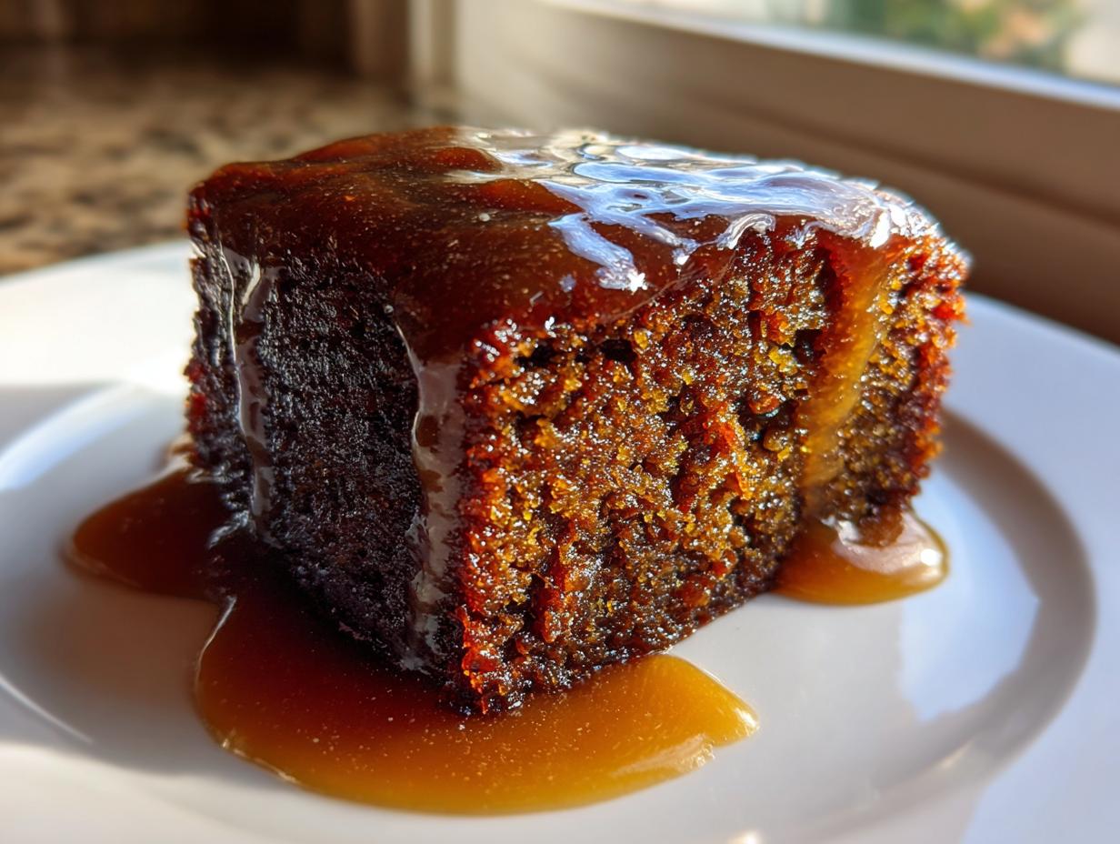 A close-up of a moist, dark square of sticky toffee pudding recipe drenched in rich toffee sauce.