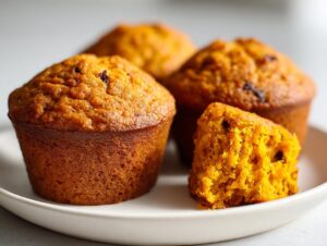 Four moist, orange-colored sweet potato muffins on a white plate, with one cut open showing the texture.