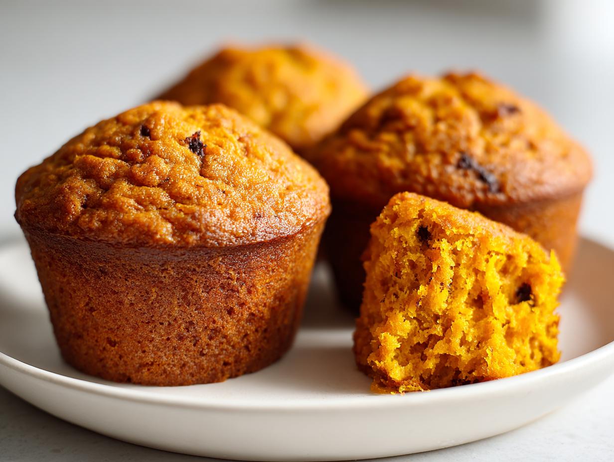 Four moist, orange-colored sweet potato muffins on a white plate, with one cut open showing the texture.
