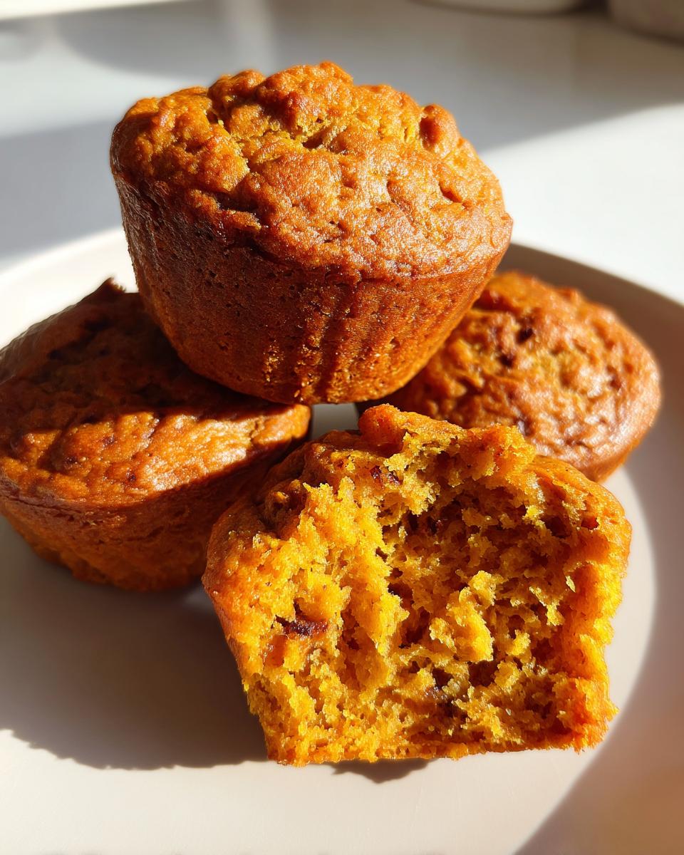 Close-up of four sweet potato muffins, one broken open showing the moist, orange crumb texture.