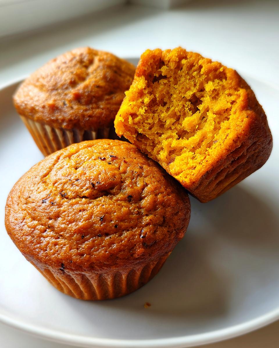 Three homemade sweet potato muffins on a white plate, one is broken open showing the moist, orange interior.