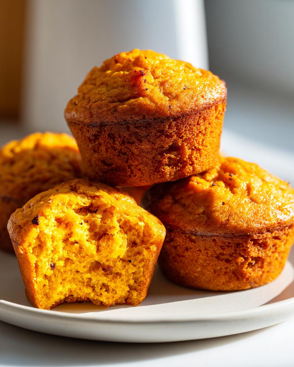 A stack of four golden-brown sweet potato muffins, one with a bite taken out showing the moist interior.