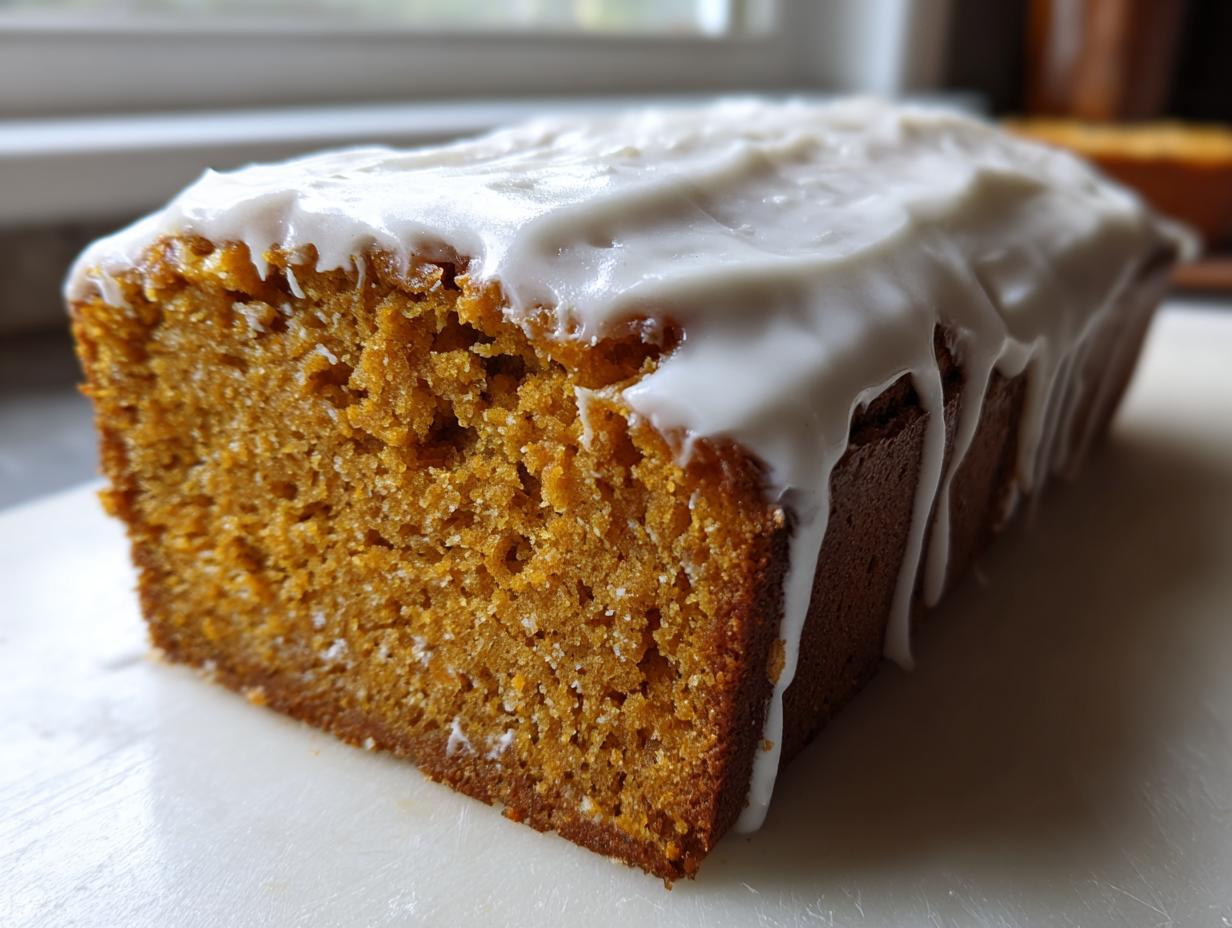 Close-up of a freshly baked sweet potato pound cake loaf topped with thick, dripping white icing.