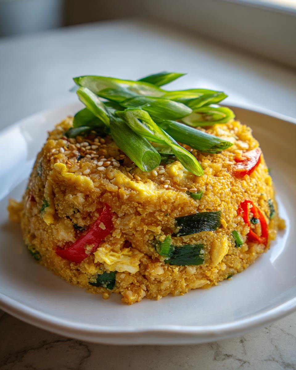 A molded serving of golden cauliflower fried rice mixed with egg and red peppers, topped with fresh sliced green onions.