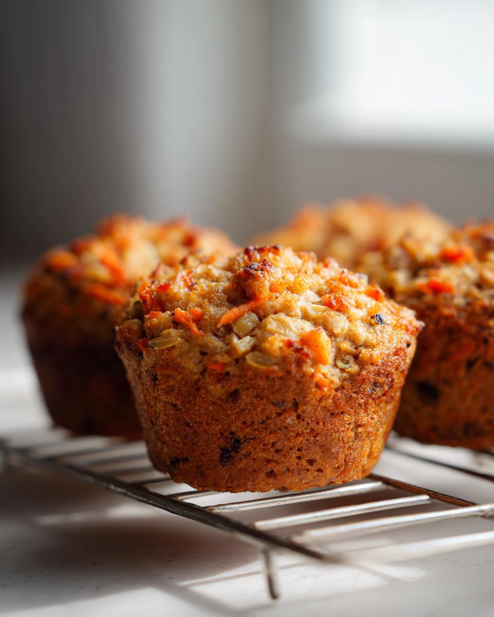 Close-up of a freshly baked morning glory muffin resting on a wire cooling rack.