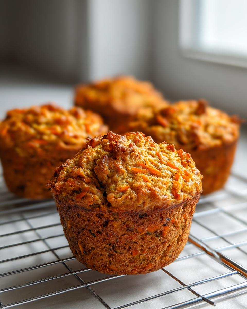 A close-up of one perfectly baked morning glory muffin cooling on a wire rack with three others blurred in the background.