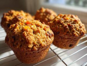Close-up of several golden brown morning glory muffins cooling on a wire rack with bright backlighting.