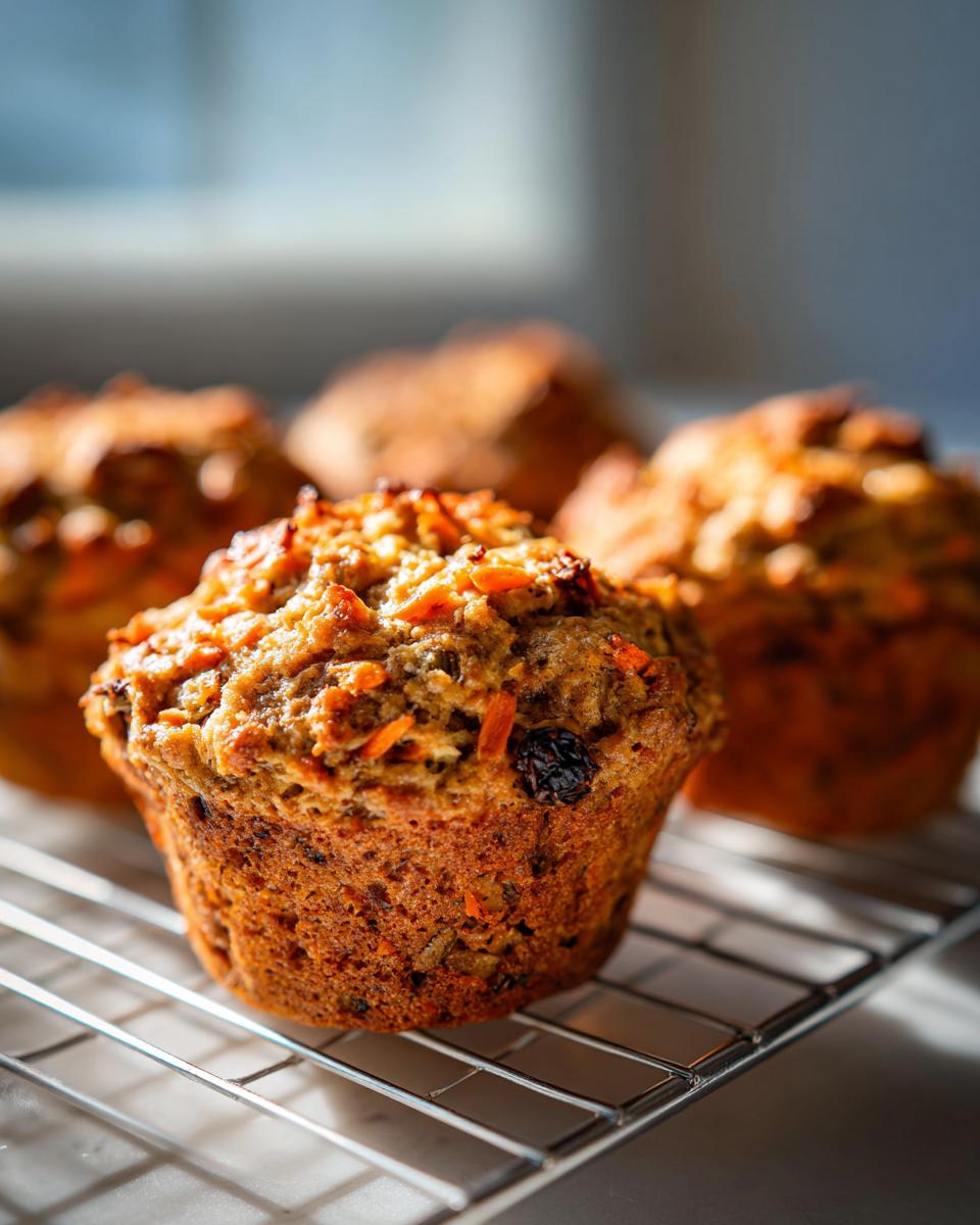 A close-up of a freshly baked morning glory muffin cooling on a wire rack, showing shredded carrots and raisins.