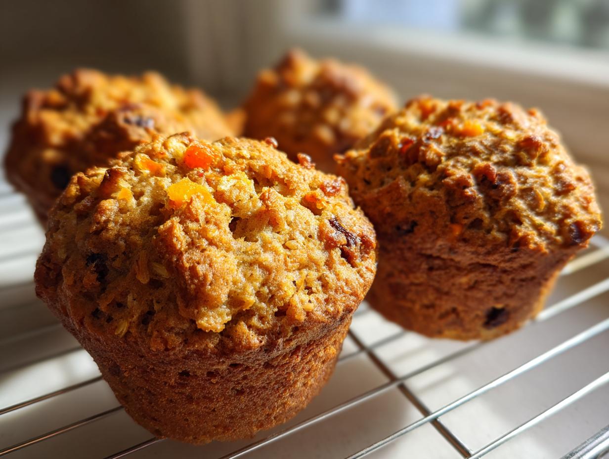 Close-up of several golden brown morning glory muffins cooling on a wire rack with bright backlighting.