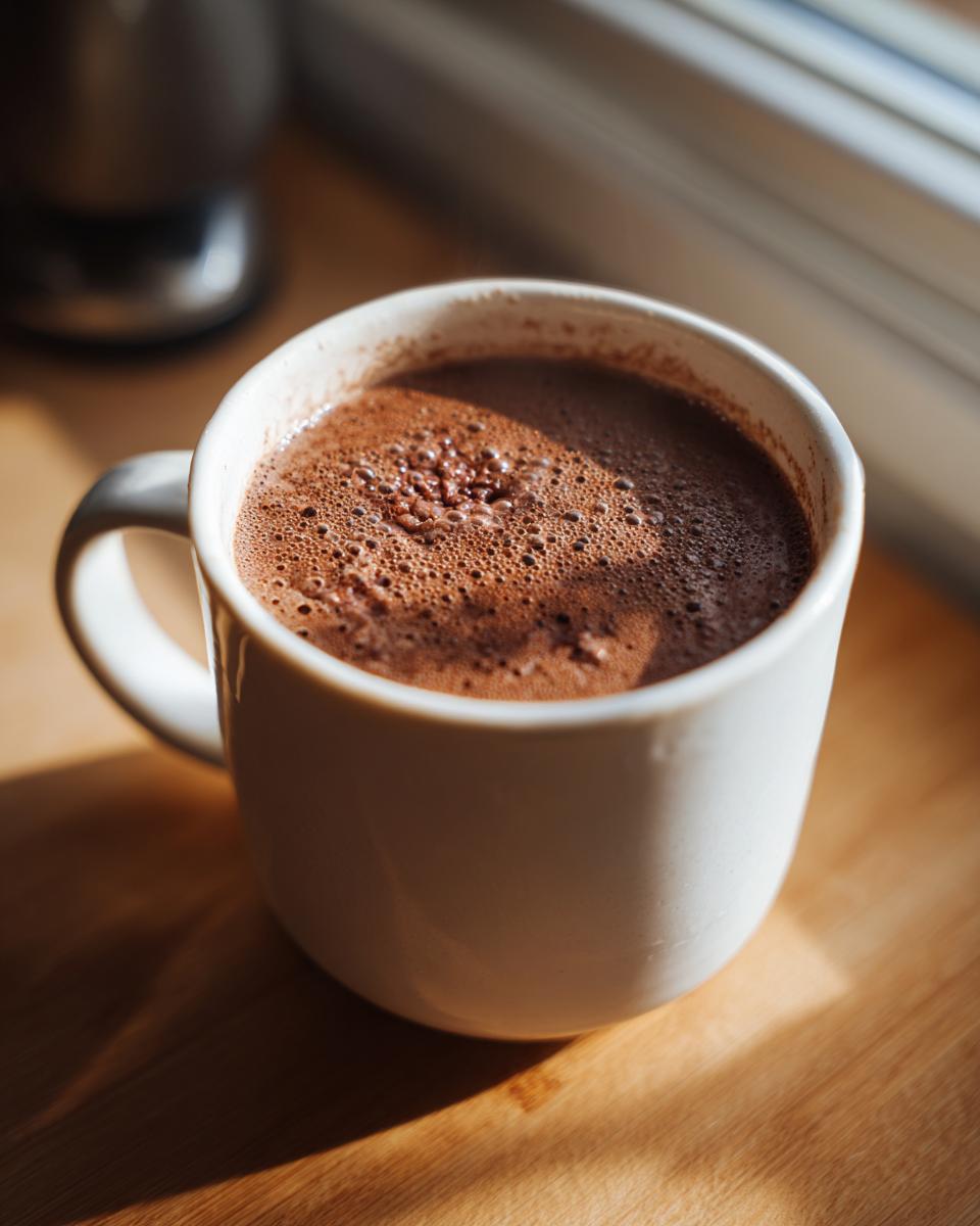 Close-up of a white mug filled with rich, frothy french hot chocolate sitting on a sunlit wooden surface.