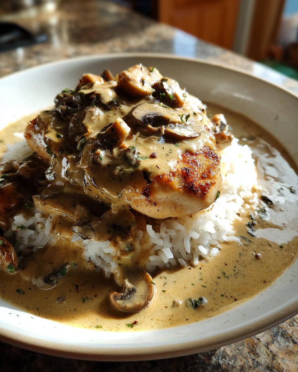 A perfectly seared chicken breast served over white rice, generously covered in creamy mushroom gravy for smothered chicken and rice.