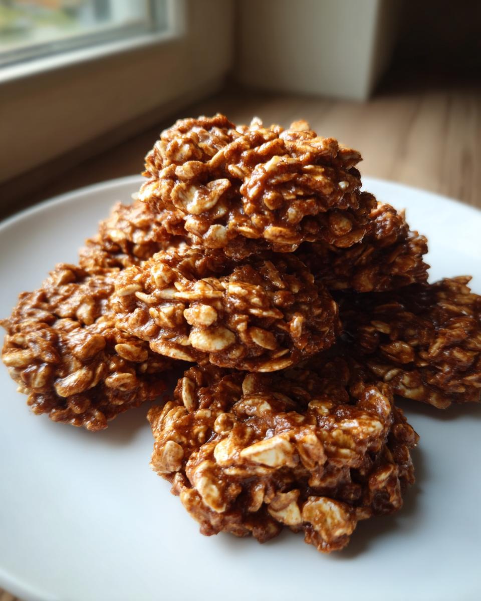 A small stack of rich, chocolatey avalanche cookies made with oats, resting on a white plate.