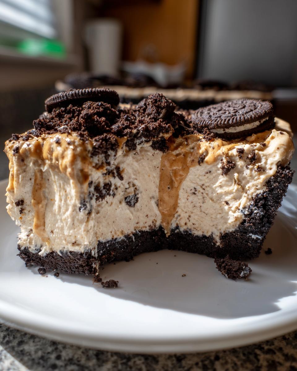 Close-up of a rich slice of no bake peanut butter pie featuring a thick Oreo crust and creamy filling topped with crushed cookies.