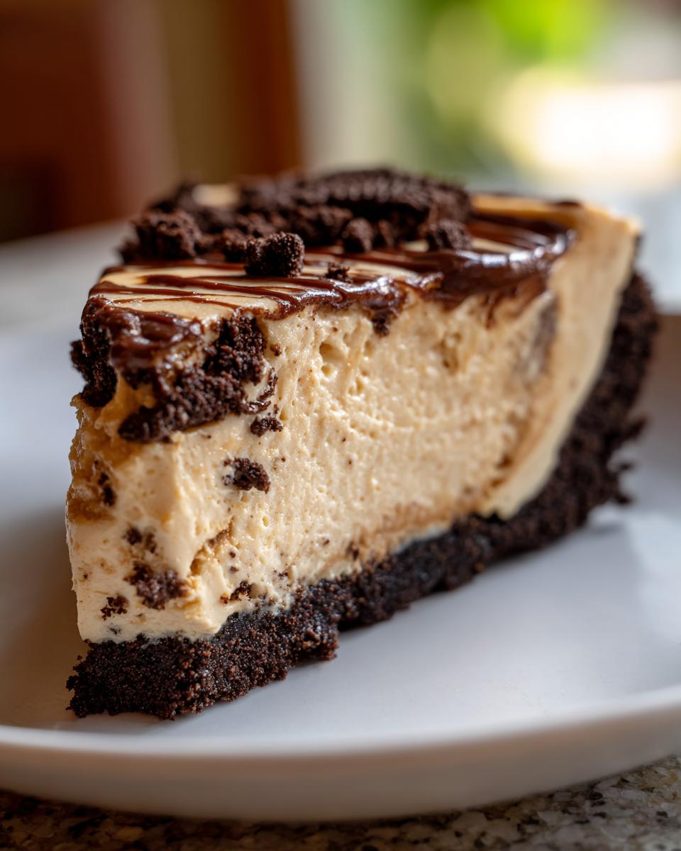 A close-up slice of no bake peanut butter pie with a dark chocolate crust and topping.