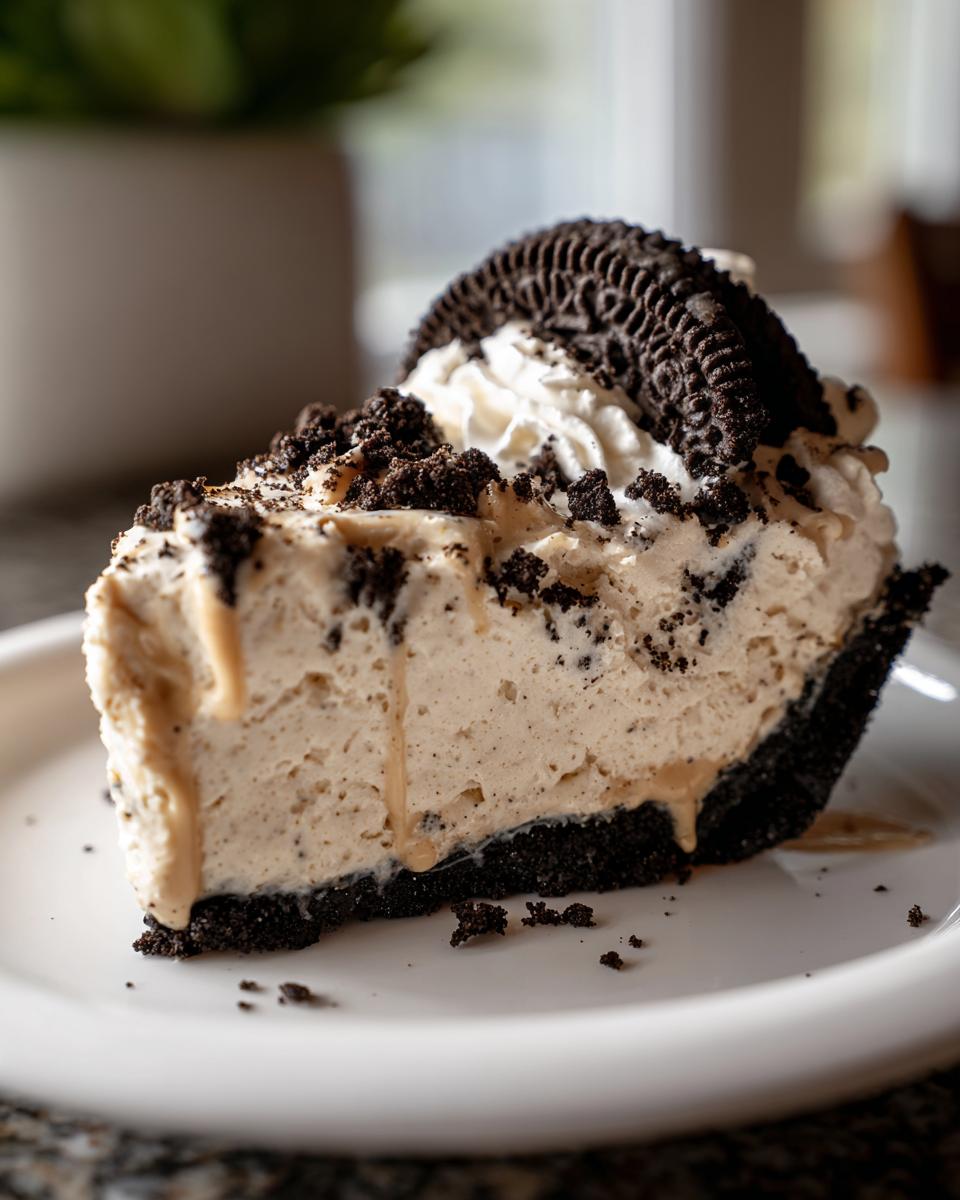 A decadent slice of no bake peanut butter pie with a dark cookie crust, topped with whipped cream and an Oreo cookie.