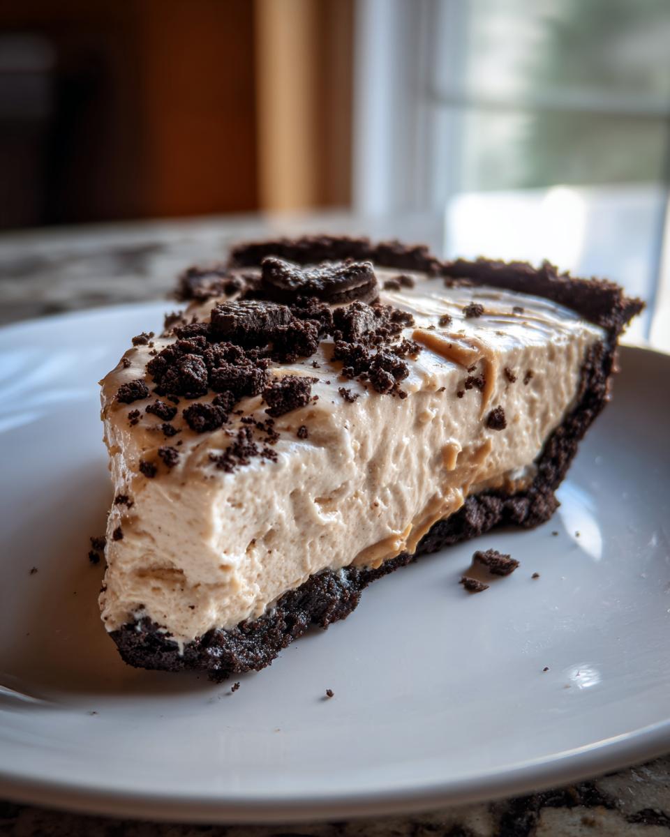 A thick slice of no bake peanut butter pie with a dark chocolate crust and cookie crumble topping on a white plate.