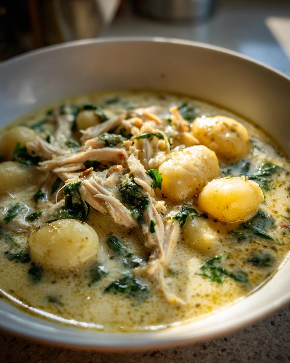 A close-up, appetizing shot of homemade Olive Garden Chicken Gnocchi Soup featuring shredded chicken, spinach, and soft gnocchi in a creamy broth.